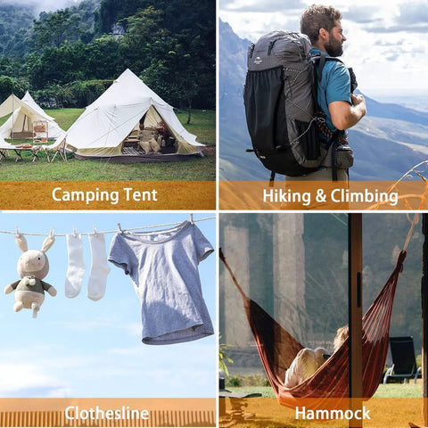 Camp tents, mounted hiking backpack, clothesline with laundry, and hammock for outdoor gear use.