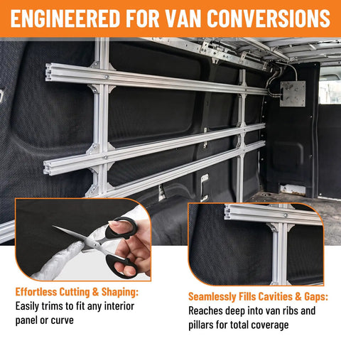 Get This Sick Camper Van Insulation Roll To Level Up Your Ride. 5X20 Ft Roll. 1.34-Inch Thick Polyester Fiber in van conversion setup.