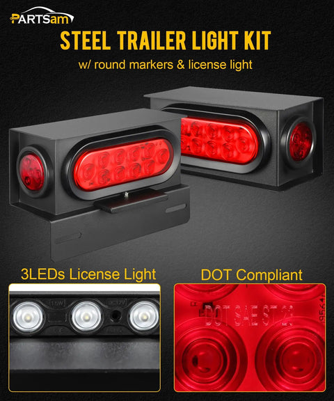 Beefed Up LED Steel Trailer Light Box Kit with 6 Inch Oval Red Tail Lights and 3 LED License Plate Light