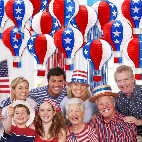 Group smiling with 20 Pack July 4th Decor Set Red White Blue Hot Air Balloon Lanterns For Outdoor Patriotic Party Independence Day Yard Decor Reusable Paper Lanterns Perfect For Memorial Day Festivities And Epic Porch Celebrations