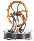 Low Temperature Stirling Engine Model Kit with brass flywheel and glass cylinder, showcasing heat-to-power principle, side view