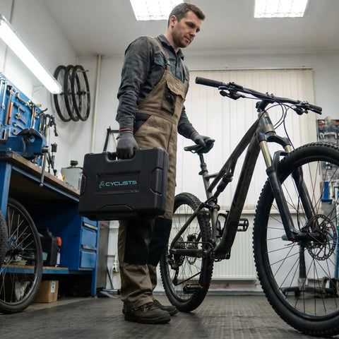 Mechanic holding All In One 33 Piece Bike Tool Kit For Road And Mountain Bikes And E Bike Repairs in workshop with bike
