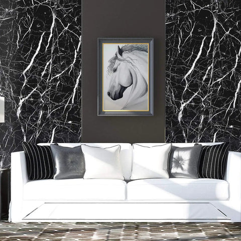 Living room with white couch against black marble wall featuring Black Marble Countertop Contact Paper Peel And Stick Vinyl Wrap.