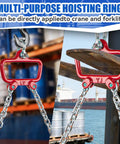 55 Gallon Drum Lift with red hook, chain, 2200 lb capacity for 30–55 gal steel drums (front and side views)