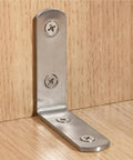 Dang Solid Stainless Steel Corner Braces Heavy Duty Right Angled L Shaped Brackets For Wood Furniture Bedframes And Cabinets Built Tough Diy Kit Of Ten Pieces fixed to wood surface with screws.