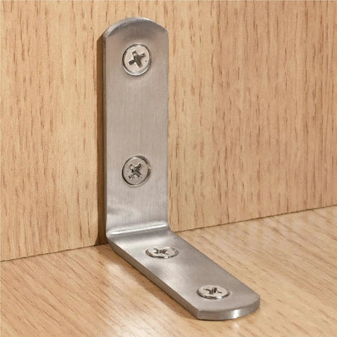 Dang Solid Stainless Steel Corner Braces Heavy Duty Right Angled L Shaped Brackets For Wood Furniture Bedframes And Cabinets Built Tough Diy Kit Of Ten Pieces fixed to wood surface with screws.