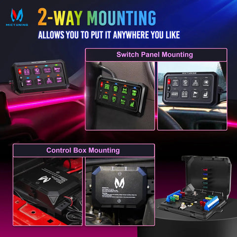 8 Gang RGB Switch Panel With Backlit Off Multifunction Toggle Switch Pod shown with mounting options and control box
