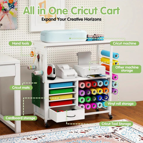 Cricut Compatible Craft Storage Cart With Vinyl Roll Holder And Drawers, All In One Mobile Workstation for Crafting Tools