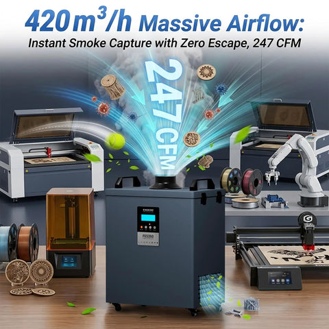Heavy Duty Laser Welding Fume Extractor Packed With Dual Carbon Filters And Four Stage Air Purification For Serious Soldering And Engraving Workbenches Built Different displaying 247 CFM airflow and smoke capture.
