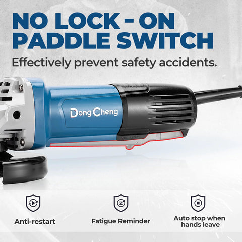 Side view of a DongCheng 4-1/2 inch angle grinder with blue body and black motor housing.