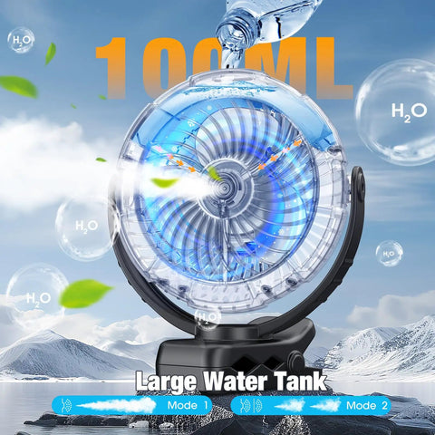 Portable Misting Clip On Fan With 100ml Water Tank LED Light 360 Degree Rotating Spray USB Rechargeable Battery