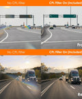 Dual 4K Front And 1080P Rear Dash Cam With GPS And WiFi, CPL filter comparison on highway with trucks and cars