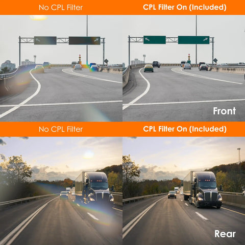 Dual 4K Front And 1080P Rear Dash Cam With GPS And WiFi, CPL filter comparison on highway with trucks and cars