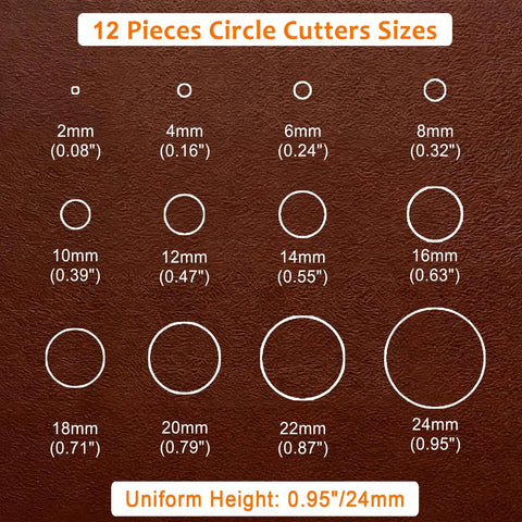 Leather Circle Cutter Tool Set 12 Piece Circle Punch Kit With Pro Grade Calibrated Diameters From 2 mm To 24 mm size chart