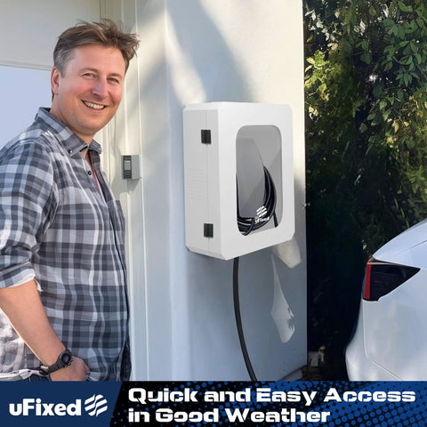 Heavy Duty Weatherproof EV Charger Enclosure Wall Box With Secure Code Lock solid polycarbonate build mounted on wall.