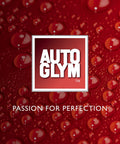 Red background with water droplets and white AutoGlym logo, text below reads 'Passion for Perfection'. Product branding image.