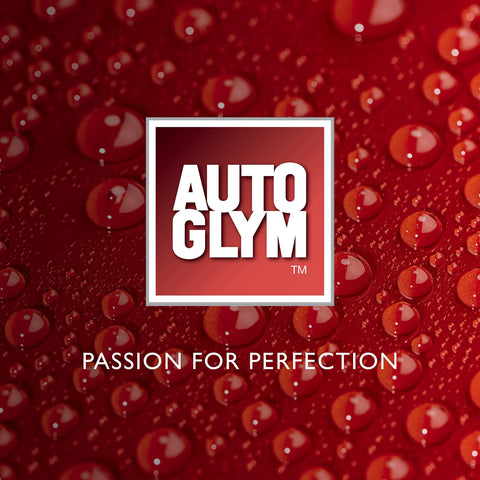 Red background with water droplets and white AutoGlym logo, text below reads 'Passion for Perfection'. Product branding image.