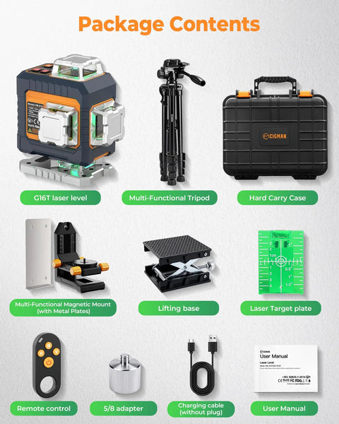 Package contents for 360 Degree Laser Level Self Leveling Kit With 56 Inch Tripod For Construction And Tile, Dual 360 Degree Horizontal And Vertical Planes, 16 Laser Lines Deliver Full Room Coverage, Pro Grade Accuracy One Sixteenth Inch At Sixteen Feet: laser level, tripod, case, mount
