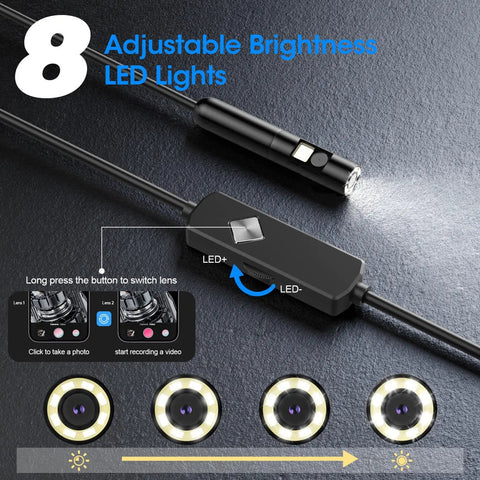 Close-up of Endoscope With Light 1920P HD Borescope switch, 8 LED lights, dual lens feature on adjustable brightness display.