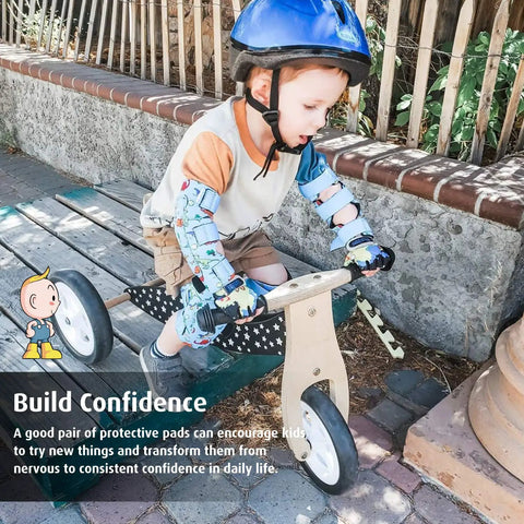 Child wearing kid friendly knee and elbow pad set with pro grade bike gloves for ages 2-11, riding a balance bike