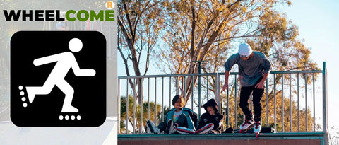 People skateboarding in a park, next to a logo, not showing Pro Grade Inline Skate Wheels With ABEC-9 Bearings And Floating Spacers.
