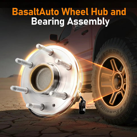 Front Wheel Hub Bearing Assembly 2Pcs 6 Lug With ABS 515097 For 2007 To 2014 Cadillac Escalade Chevy Silverado 1500 Avalanche Suburban Tahoe Yukon Sierra 1500 2WD OEM Replacement shown next to vehicle wheel