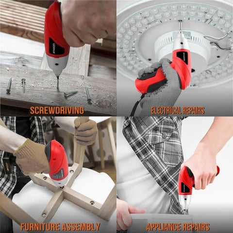 19-Piece 3.6V USB Cordless Power Screwdriver Kit in red used for various home DIY tasks like furniture and appliance repair.