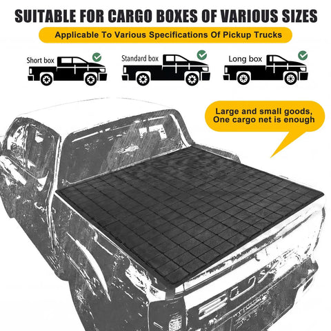 Truck Bed Cargo Net Kit With Stretchable 4x6 to 8x12 Net on pickup, suitable for various cargo box sizes, shown with cover.