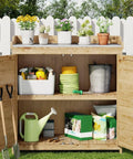 Outdoor Potting Bench With Metal Tabletop And Double Doors Garden Work Bench For Backyard Patio And Lawn, open showing tools