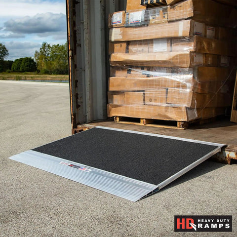 Heavy Duty Aluminum Shipping Container Forklift Ramp 60 By 63 Inch Deck for easy loading of freight from containers.