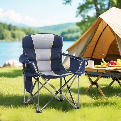 Beefy Oversized Camping Folding Chair With Cup Holder And Cooler Bag Heavy Duty outdoor lawn chair by a tent and lake
