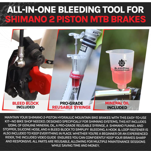Shimano Hydraulic Brake Bleed Kit With 120ml Mineral Oil And Pro Syringe for easy at-home DIY maintenance on mountain bikes.