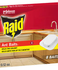 Pro Grade Indoor Ant Colony Buster Bait Stations For Households That Straight Up Wipe Out Worker Ants And Queen Dependable Gel Formula Lasts Up To Three Months Child Resistant Twist Lock Eight Count Kit in a kitchen setting.