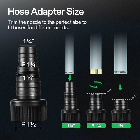 Hose adapter kit: black plastic fittings with adjustable barb sizes 1¼, R1¼, 1¾ for pond or pump hoses.