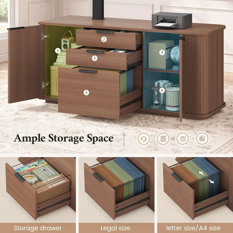Hustle Ready L Shaped Electric Standing Desk Height Adjustable Executive Table With Walnut Finish sliding door cabinet storage details.