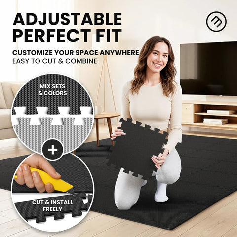 Woman holding 18 Piece EVA Interlocking Foam Floor Tiles Gym Mat Set With Edge Pieces For Total Floor Protection In Home Gym