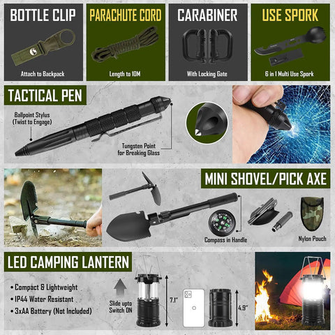 Image showing components of the All In One Survival Gear Kit With 268 Pcs Emergency Supplies First Aid Kit Camping Axe Headlamp And Crossbody Bag.