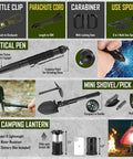 Image of All In One Emergency Survival Gear Kit With First Aid Essentials showing tools like tactical pen and mini shovel.
