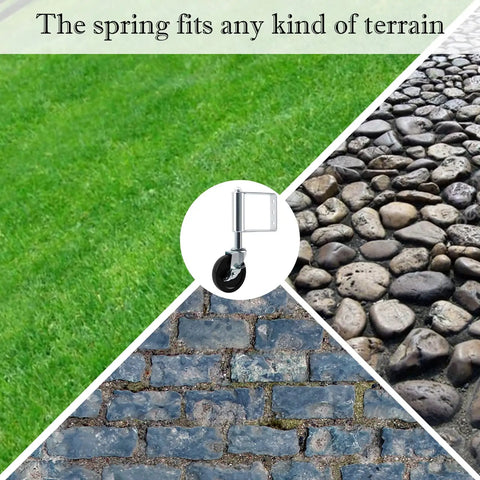 Two Pack Spring Loaded Gate Caster Wheels With Universal Mount Plate, heavy duty rubber, on grass, stones, and bricks