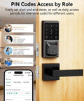 Slick Fingerprint Smart Lock With Smooth Keyless Entry, AI Self Learning Handle Set, App Pin Code And Key Fob Access, display of PIN codes access options for different users.