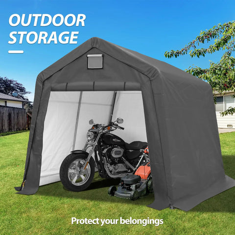 Tough As Nails 10 By 10 Outdoor Portable Storage Shed With Heavy Duty Steel Frame And Roll Up Door Garage Shelter For Generator Vehicles And Motorcycle All Weather Storage Solution displaying outdoor storage use with motorcycle and mower inside.