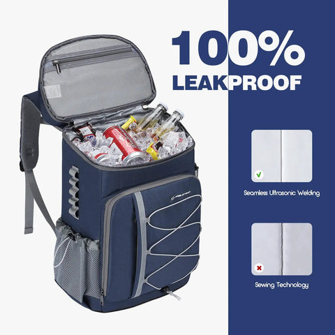 35 Can Leakproof Insulated Cooler Backpack For Beach Camping Kayaking And Hiking, with open lid showing drinks inside