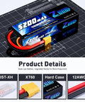 2S 7.4V Beefy 5200mAh 50C LiPo Battery With XT60 Plug Hard Case For 1x8 And 1x10 RC Vehicles Cars Buggies Truggies And Airplanes Ultra High Discharge Low Internal Resistance Durable Dual Pack on grid mat