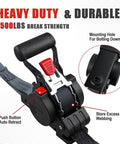 Close-up of Four Pack Heavy Duty Retractable Ratchet Straps 1 Inch By 12 Feet With 1500 Pound Break Strength in black and red design.