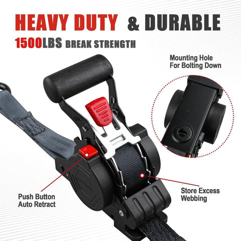 Close-up of Four Pack Heavy Duty Retractable Ratchet Straps 1 Inch By 12 Feet With 1500 Pound Break Strength in black and red design.