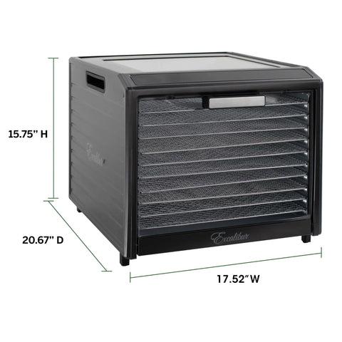 Keep It Fresh With This Top Shelf Electric Food Dehydrator Boasting Ten Rustproof Stainless Steel Trays side view with dimensions.