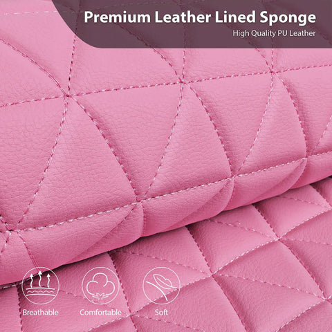 Close-up of Blinged Out Pink Leather Car Seat Covers Full Set Waterproof Glitter Crystal Rhinestone Sparkle material.