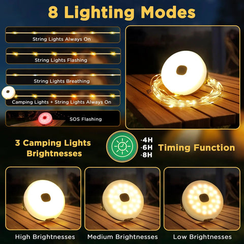 Retractable 33ft Solar Camping String Lights 4 In 1 Lantern With 8 Modes Portable Rechargeable Camp Lamp lighting display