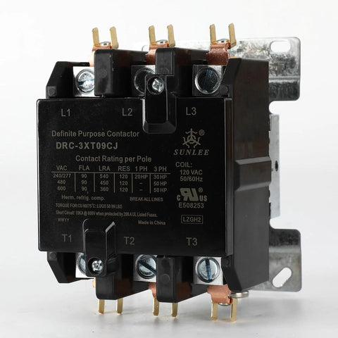 Front view of Three Pole 90 Amp 120 Volt AC Contactor with Silver Cadmium Oxide Contacts and Class F Insulation, A2L Compliant