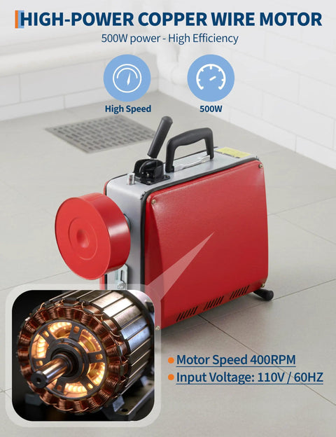 Heavy Duty 500 Watt Electric Drain Auger And Commercial Sewer Snake With 66 Foot Coiled Cable And Six Multi Blade Tips To Dodge Contractor Calls And Bust Stubborn Pipe Clogs Clean Daily showcasing 500W copper wire motor.